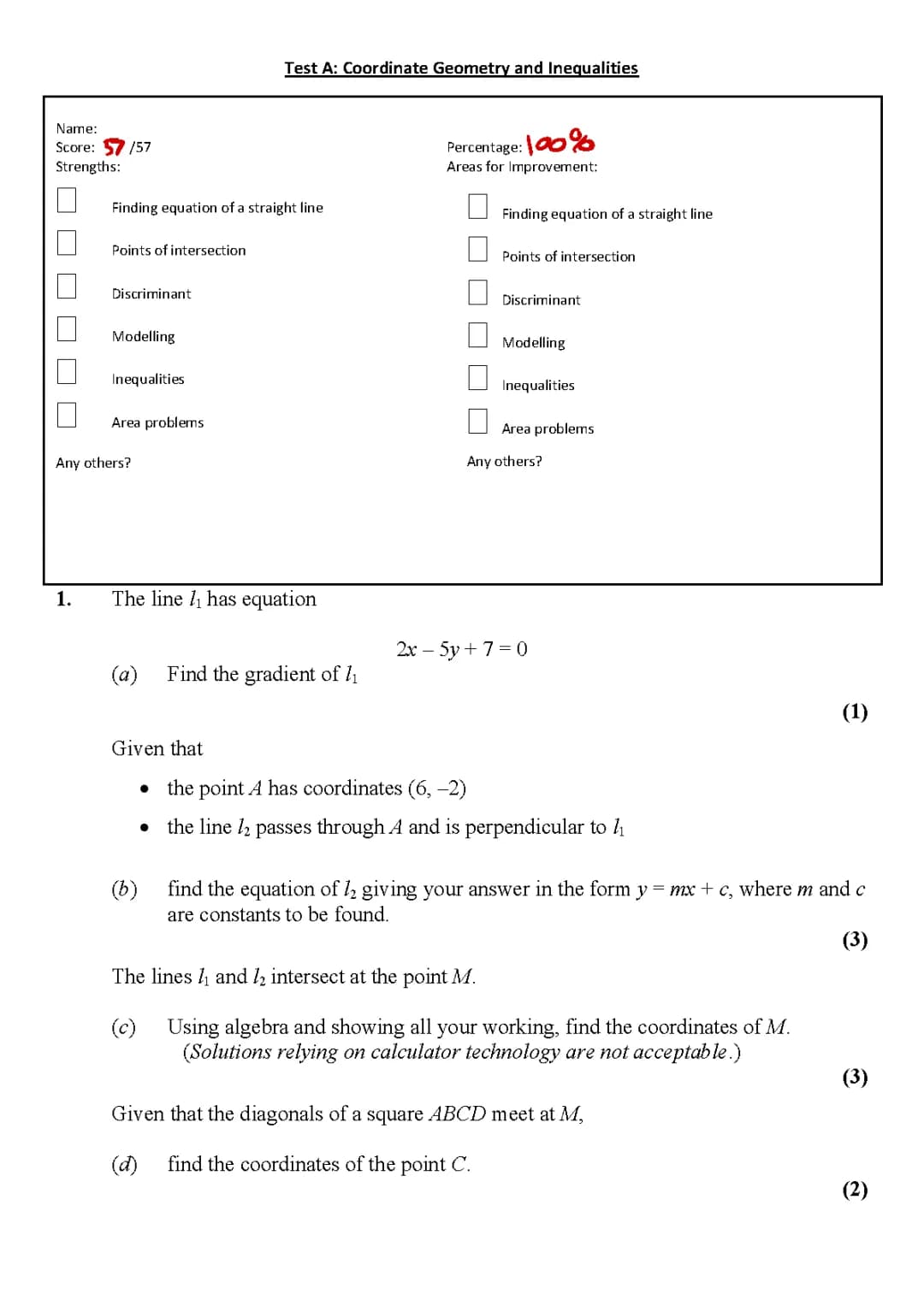 Coordinate Geometry and Inequalities Test