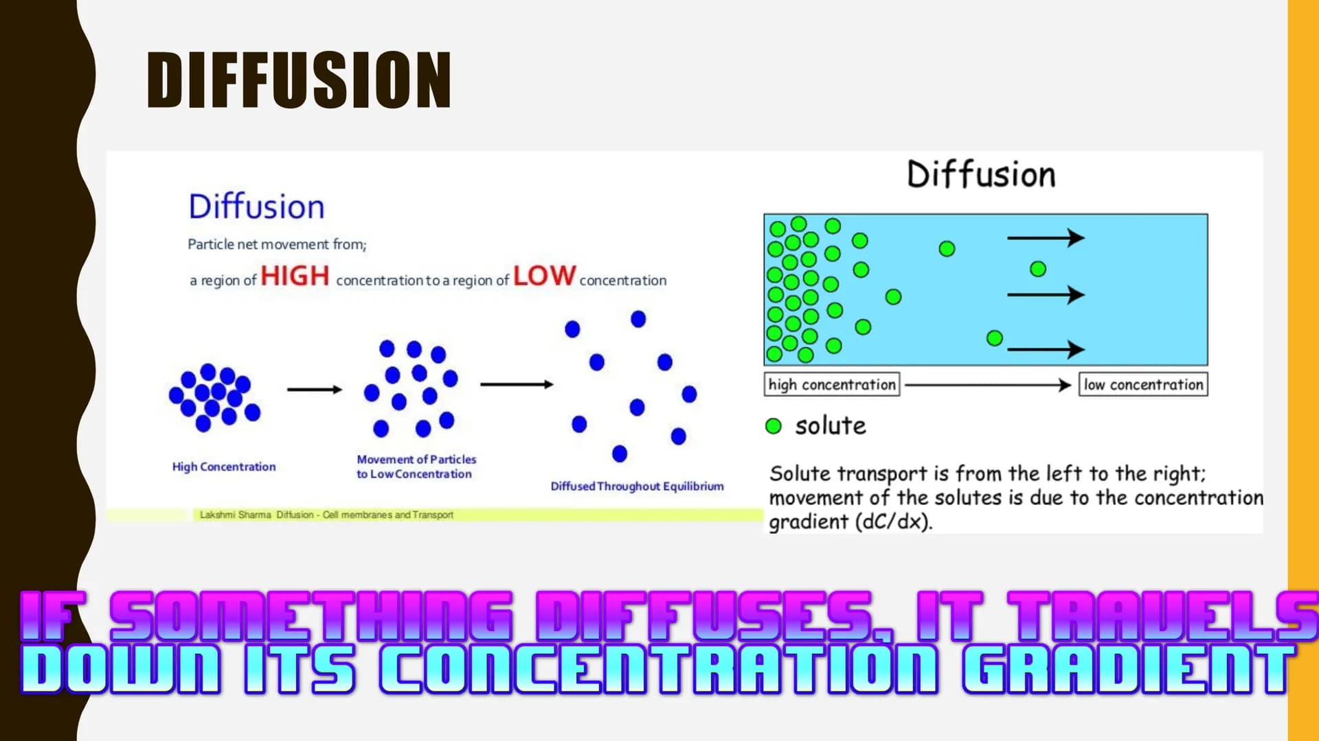 GAS EXCHANGE
SUMMARY DIFFUSION
Diffusion
Particle net movement from;
a region of HIGH concentration to a region of LOW concentration
High Co