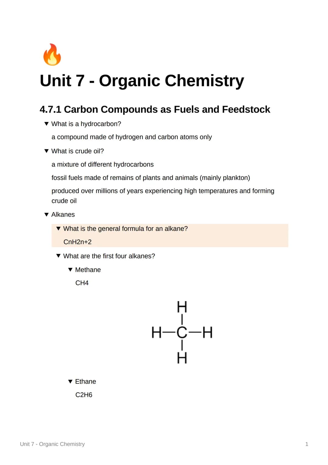 ^
Unit 7 - Organic Chemistry
4.7.1 Carbon Compounds as Fuels and Feedstock
▾ What is a hydrocarbon?
a compound made of hydrogen and carbon a