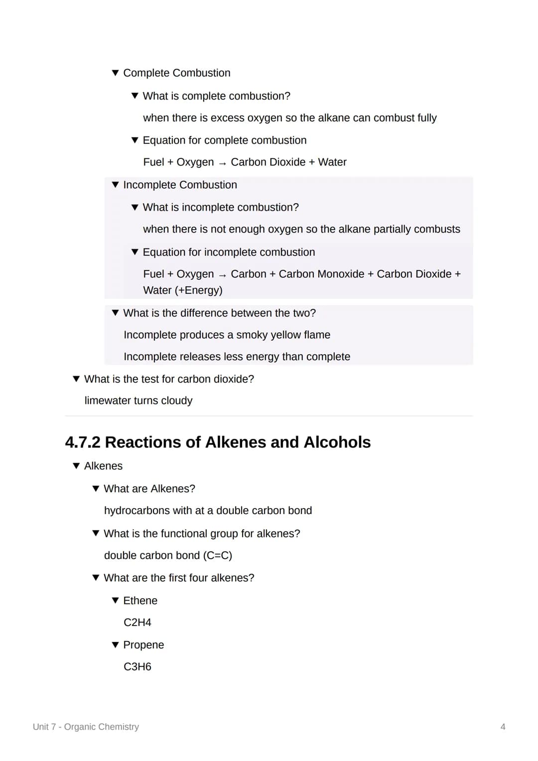 ^
Unit 7 - Organic Chemistry
4.7.1 Carbon Compounds as Fuels and Feedstock
▾ What is a hydrocarbon?
a compound made of hydrogen and carbon a