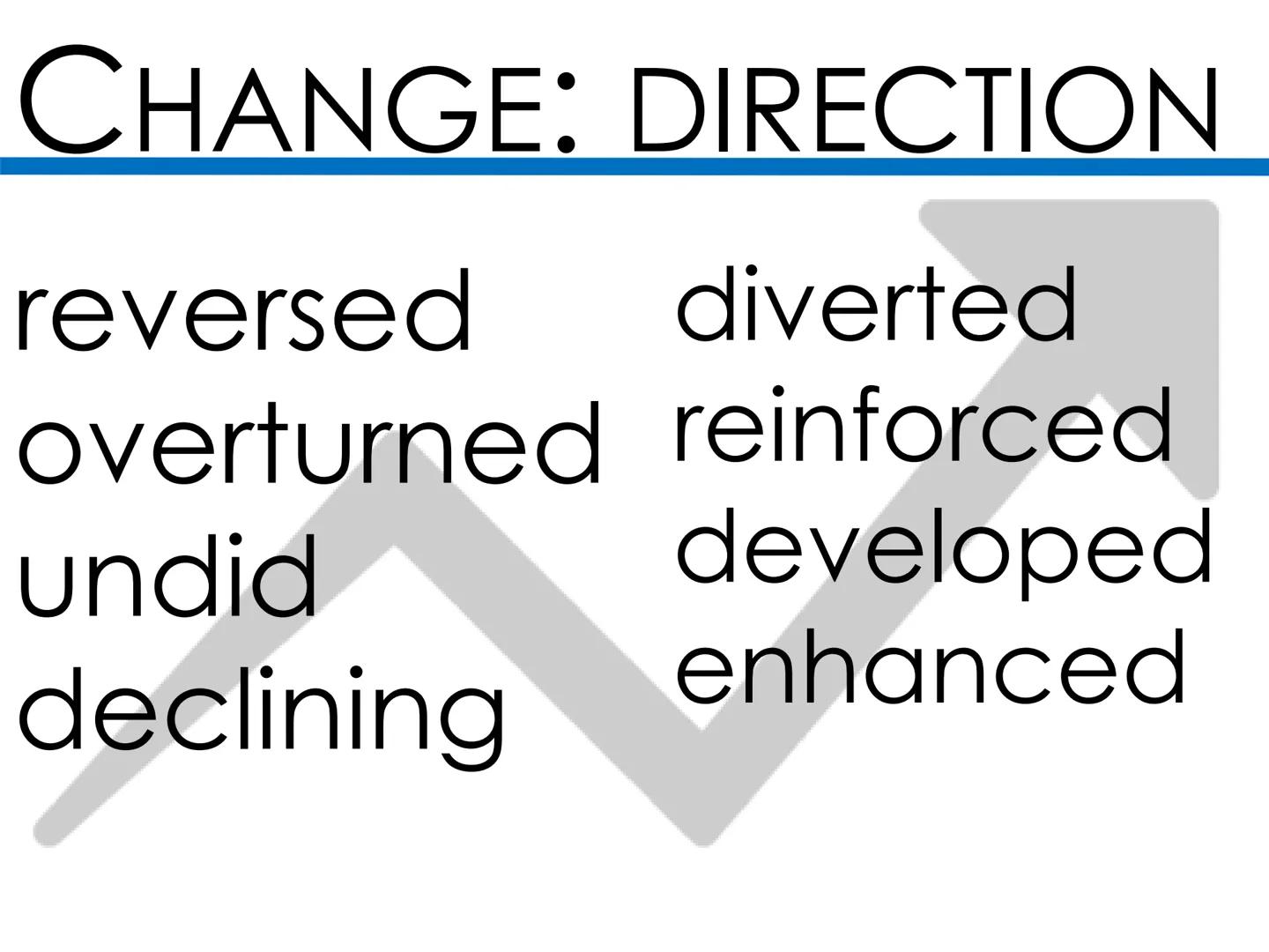 # CHANGE: DIRECTION

reversed diverted
overturned reinforced
undid developed
declining enhanced # EMPHASISE

important
crucial
vital
critica