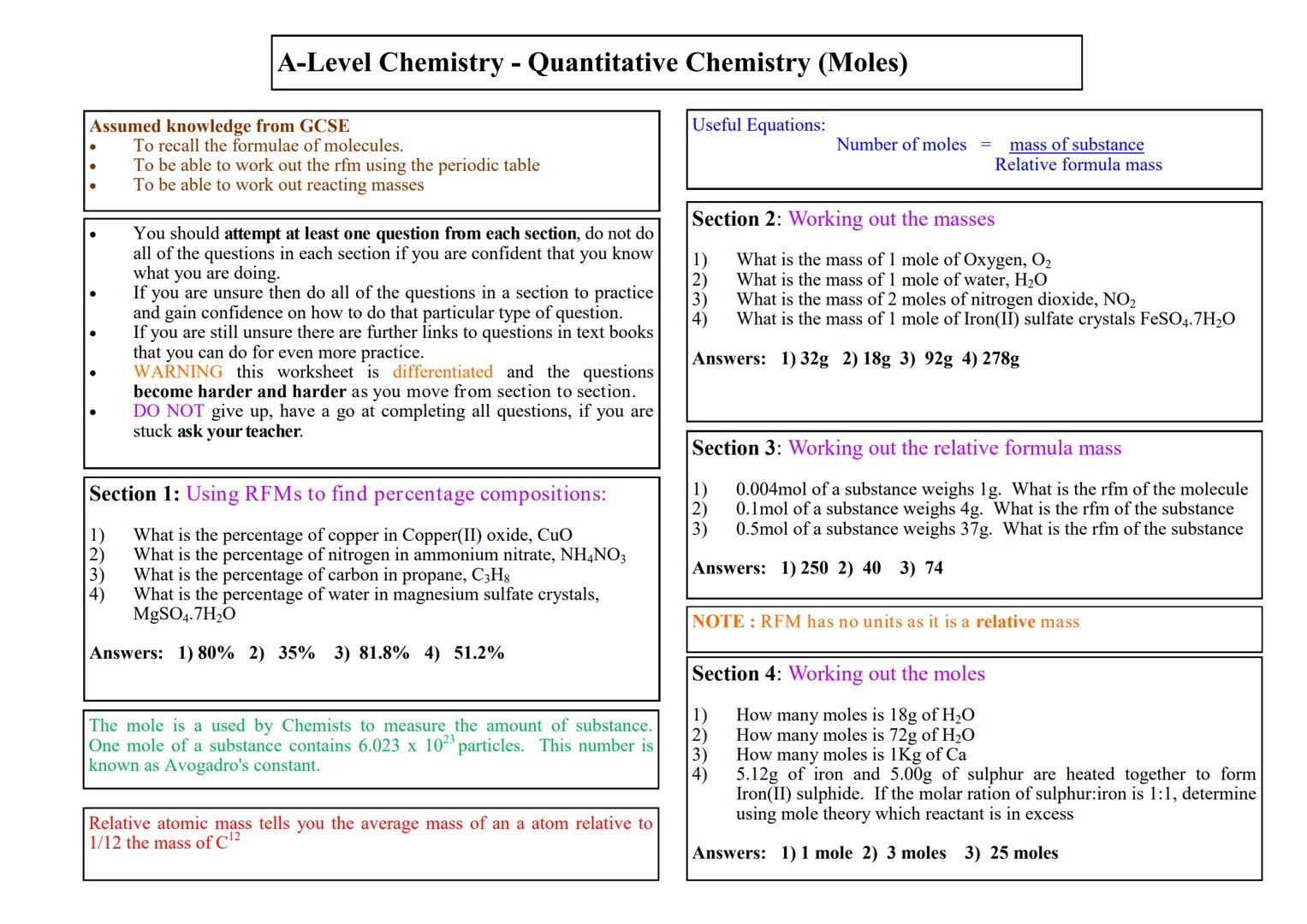 # A-Level Chemistry - Quantitative Chemistry (Moles)

Assumed knowledge from GCSE
- To recall the formulae of molecules.
- To be able to wor