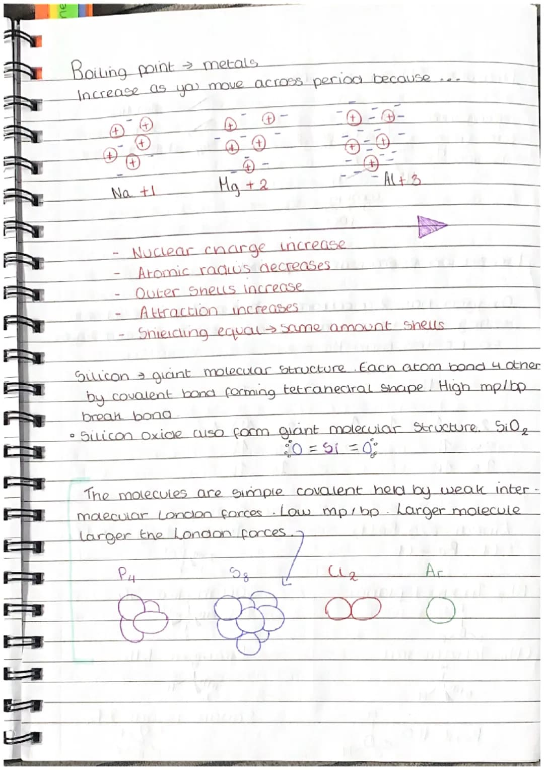 O
Going across a period
O
3pt
Ⓒ
4pt
(Be
5pt
Atomic Radius
Lonisation Energy
D
Shell elect
• Nuclear charge →Protons increase on periodic tab