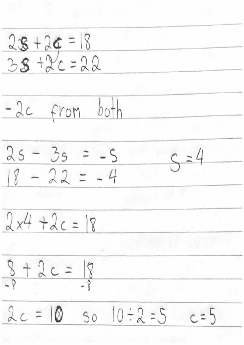 Maths - Simultanious equations.
E.g.
5x+3y=41
2x+3y=20
Зу
5x -20c
are
Same
= 3x
21
41-20
3x = 21
2x7 + 3y = 20
14+3y=20
-14
So
So
they cance