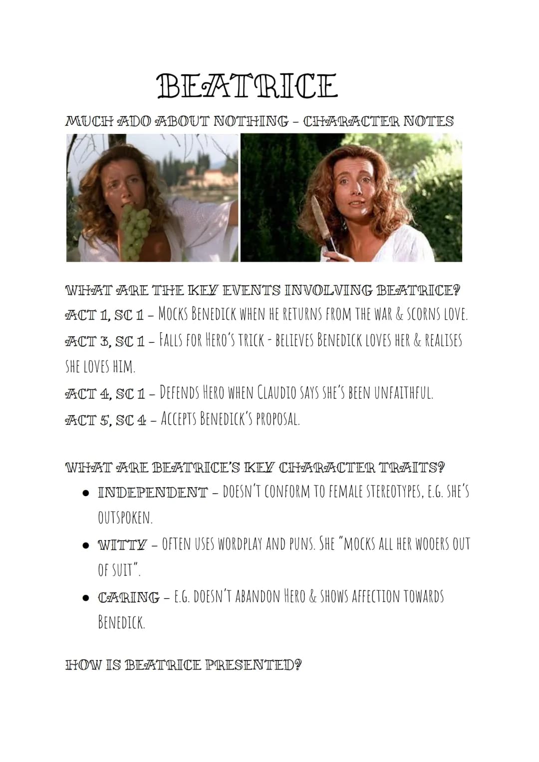 
<h2 id="keyeventsinvolvingbeatrice">Key Events Involving Beatrice</h2>
<h3 id="act1scene1">Act 1, Scene 1</h3>
<ul>
<li>Mocks Benedick when