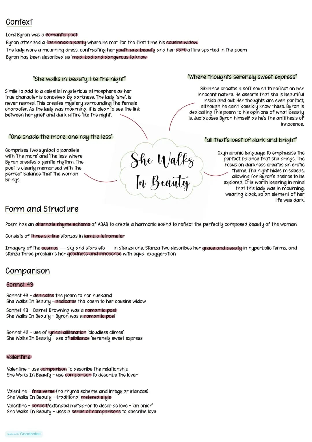 English: She Walks In Beauty Key Quotes, Form and Structure