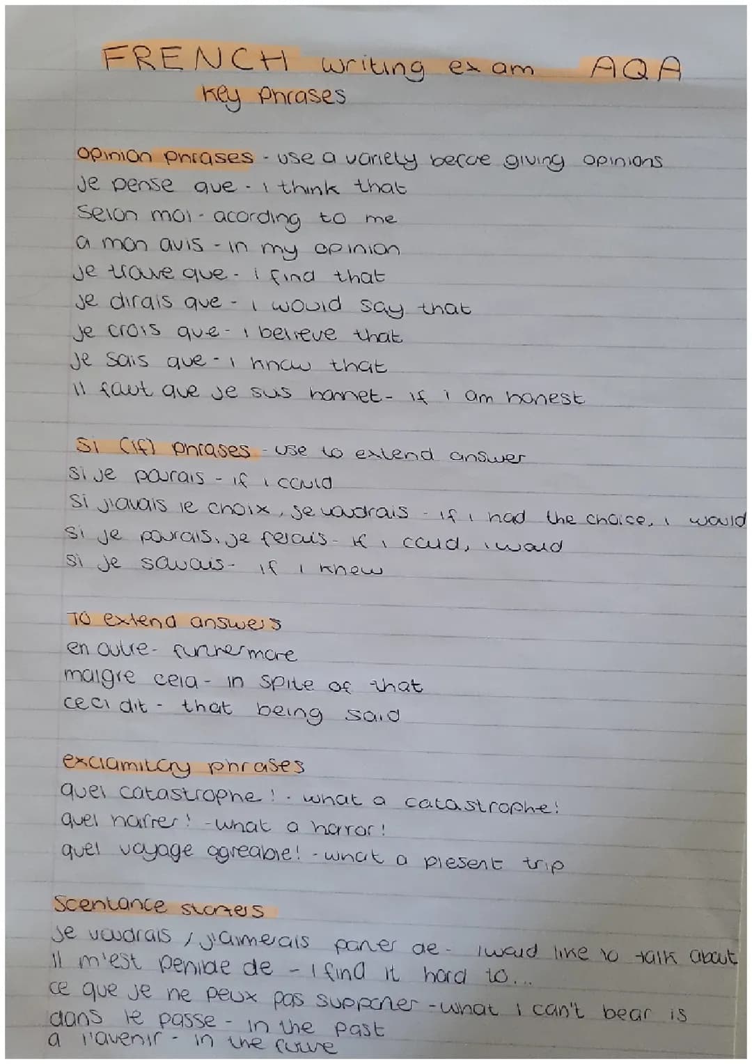 French writing key phrases