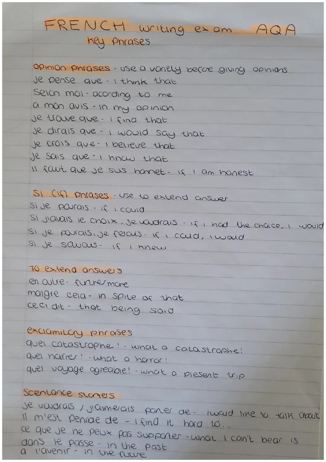 FRENCH writing exam
Key Phrases
Opinion phrases - use a variety befoe giving opinions
Je pense que I think that
Selon mol- acording to me
a 