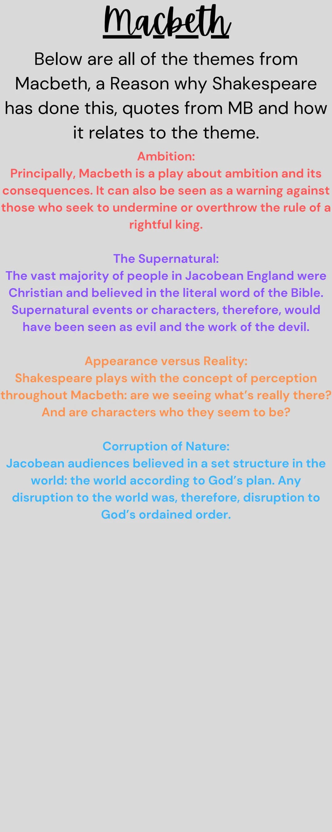 Macbeth
Below are all of the themes from
Macbeth, a Reason why Shakespeare
has done this, quotes from MB and how
it relates to the theme.
Am