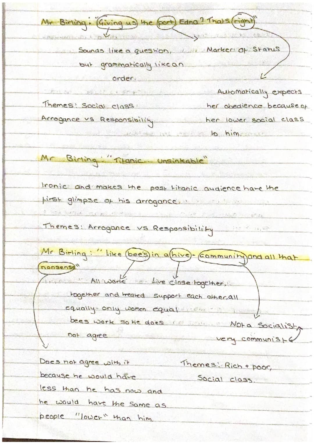 <h2 id="mrbirlingquotesanalysis">Mr Birling Quotes Analysis</h2>
<p>Mr Birling's condescending remarks to Edna, the maid, give us the first 