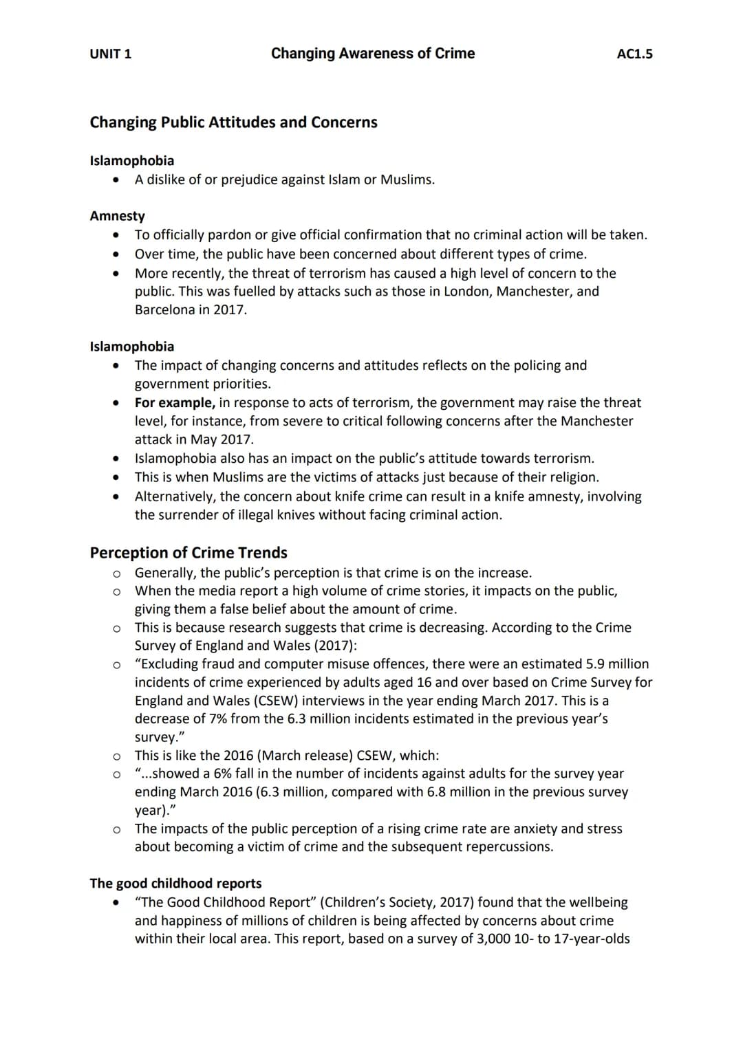 UNIT 1
AC1.5 Explain the impact of the media representations on the
public perception of crime
Moral Panic
The media's representations of cr