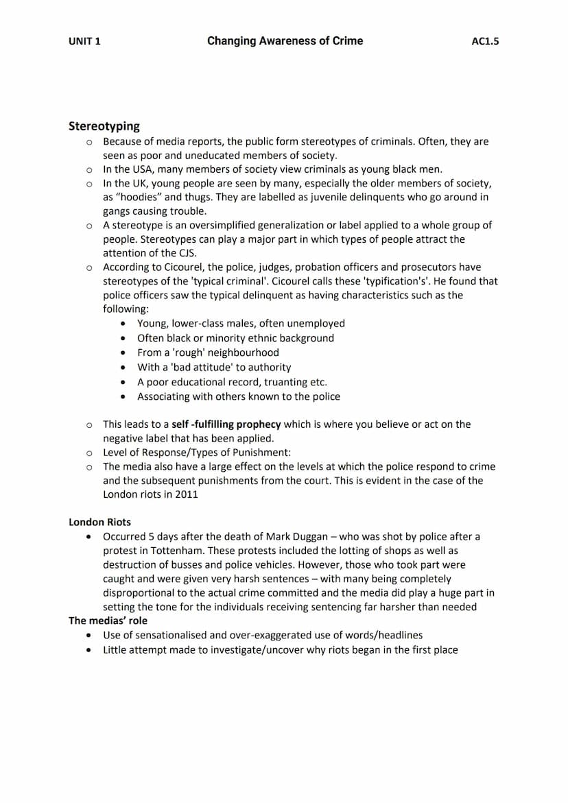 UNIT 1
AC1.5 Explain the impact of the media representations on the
public perception of crime
Moral Panic
The media's representations of cr