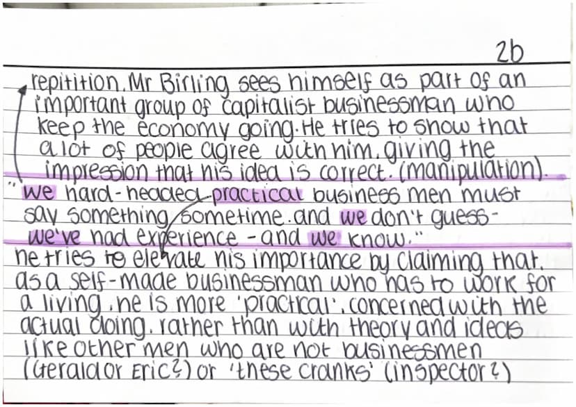 2a
Mr Birling-
portentous: serious / self important / proud
at one end: shows hierarchy: his seat at the top
of the table represents his pos