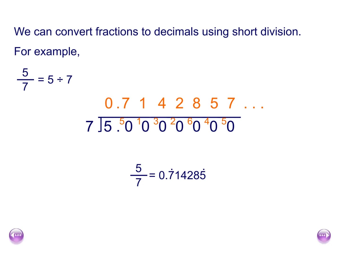 6.1 Recurring decimals
You will learn to:
Recognise fractional equivalents to some recurring decimals
Change a recurring decimal into a frac
