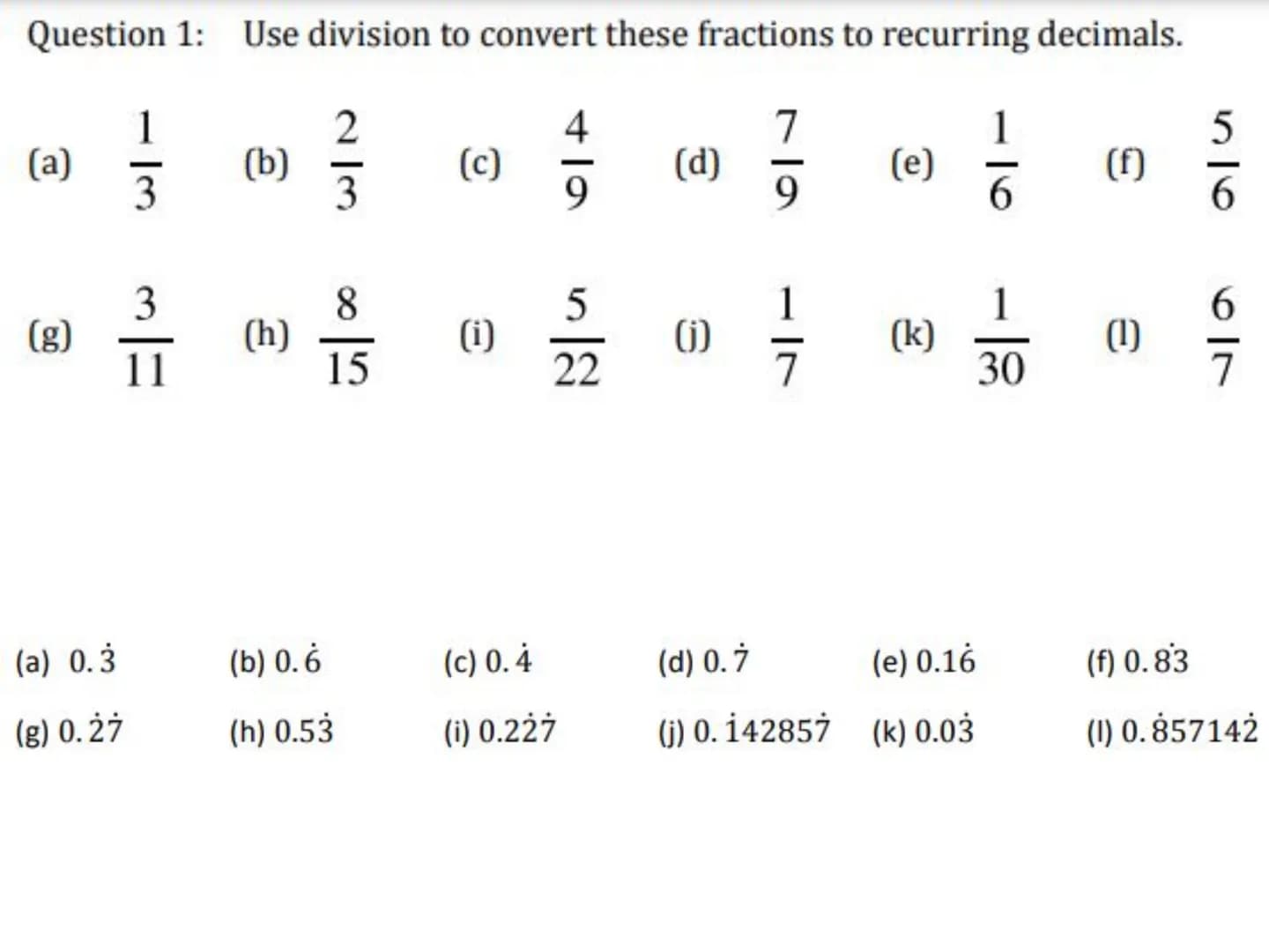6.1 Recurring decimals
You will learn to:
Recognise fractional equivalents to some recurring decimals
Change a recurring decimal into a frac