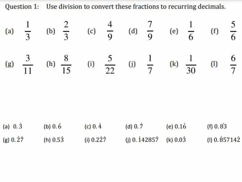 6.1 Recurring decimals
You will learn to:
Recognise fractional equivalents to some recurring decimals
Change a recurring decimal into a frac