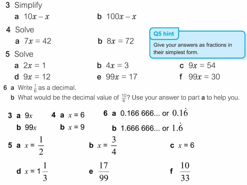 6.1 Recurring decimals
You will learn to:
Recognise fractional equivalents to some recurring decimals
Change a recurring decimal into a frac