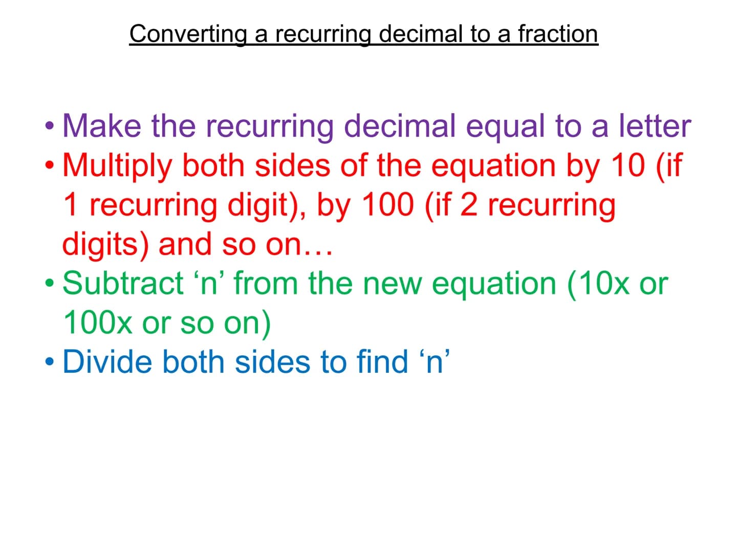 6.1 Recurring decimals
You will learn to:
Recognise fractional equivalents to some recurring decimals
Change a recurring decimal into a frac
