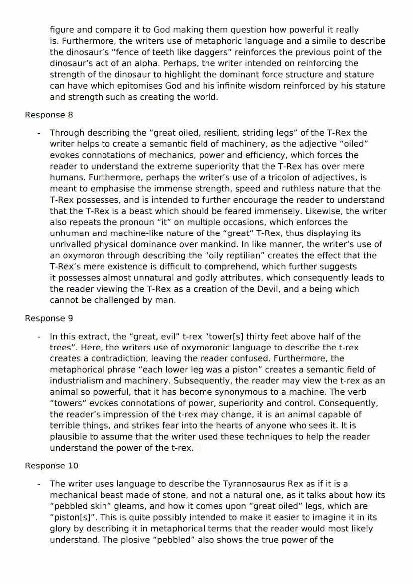 Embedded evidence
Exploration of the effect on the reader's impression
Writer's intentions
Word connotations explored
Alternative interpreta