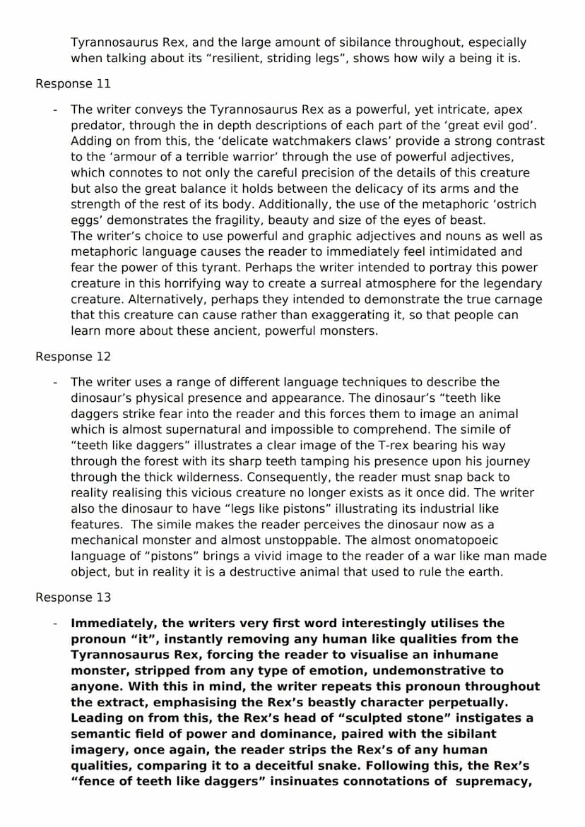 Embedded evidence
Exploration of the effect on the reader's impression
Writer's intentions
Word connotations explored
Alternative interpreta