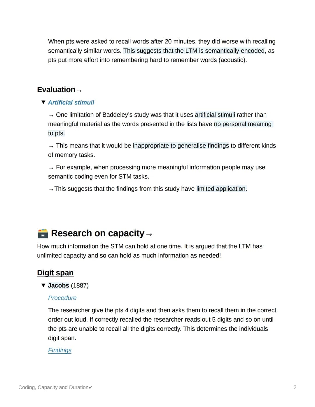 Coding, Capacity and Duration
Research on coding →
Once information gets into the memory system, it is stored in different formats.
▾ Baddel
