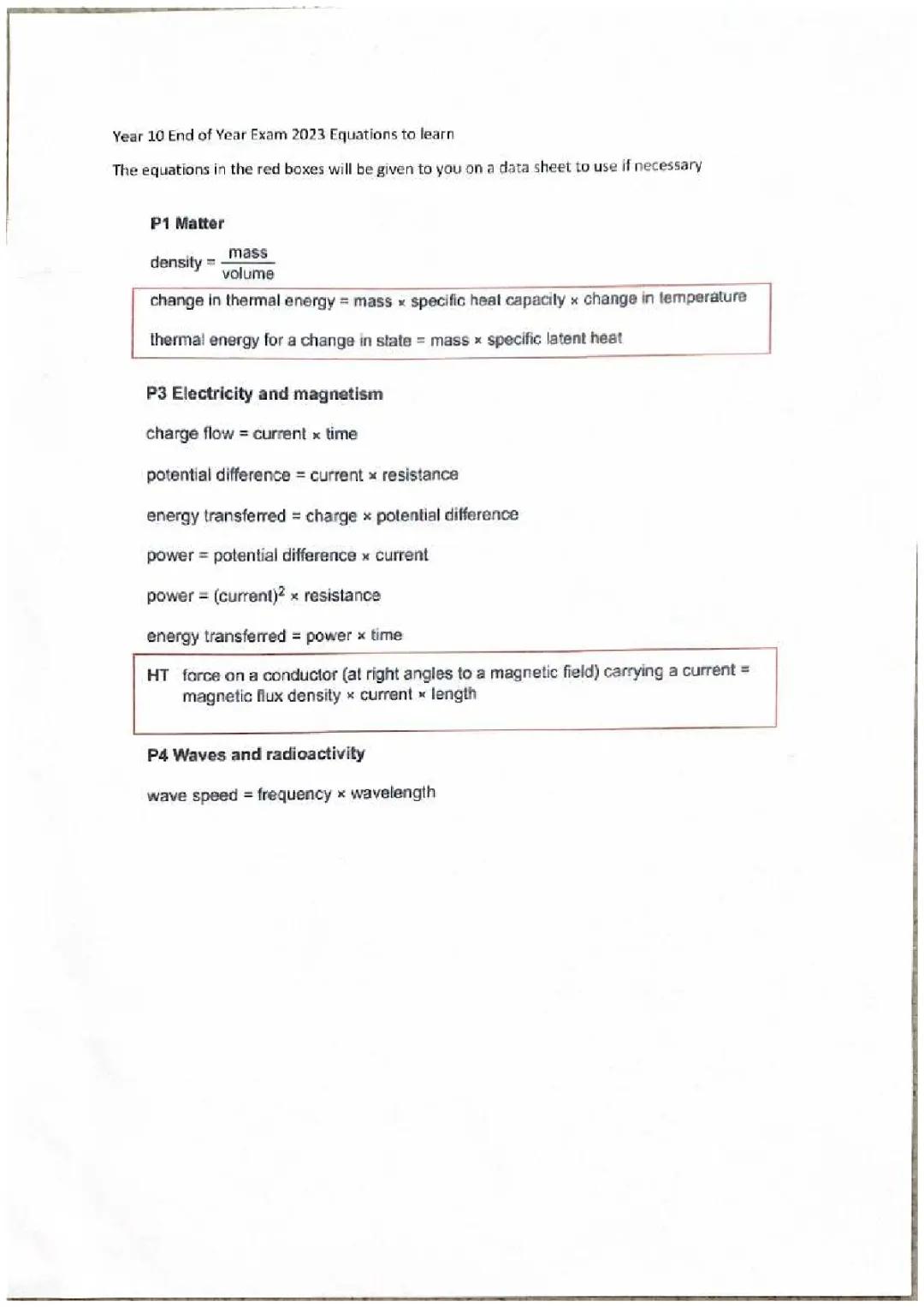 Key Physics Equations for Year 10 Higher Science Mocks