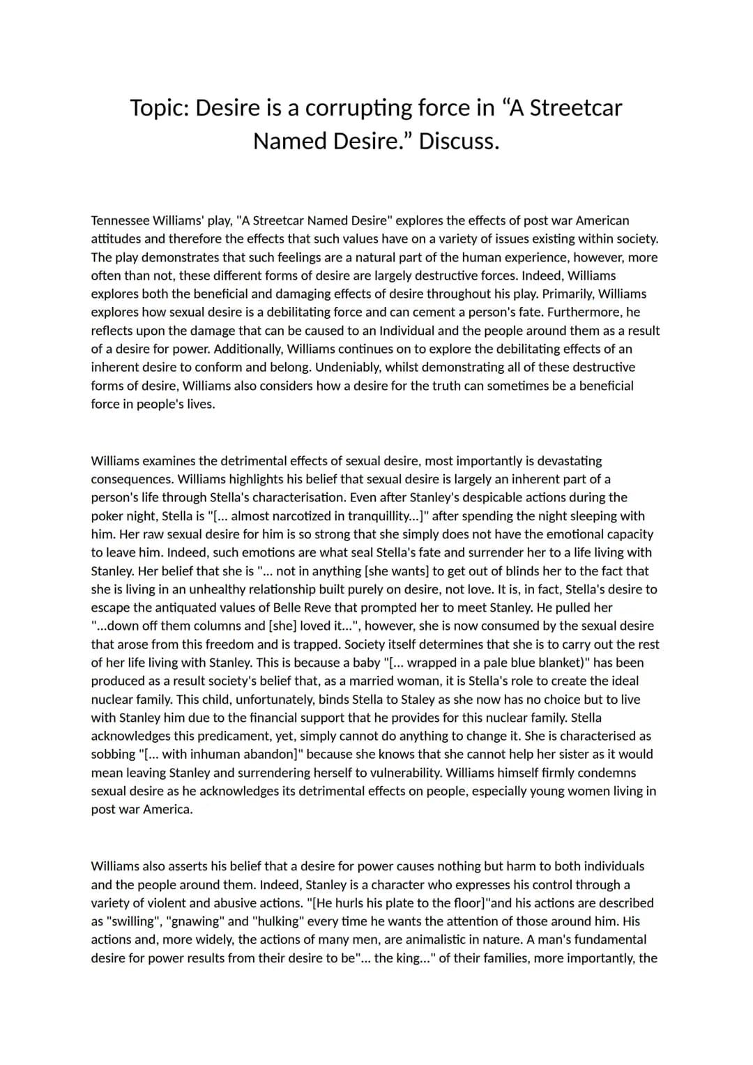 The Impact of Desire and Power in A Streetcar Named Desire: A-Level Essay Example