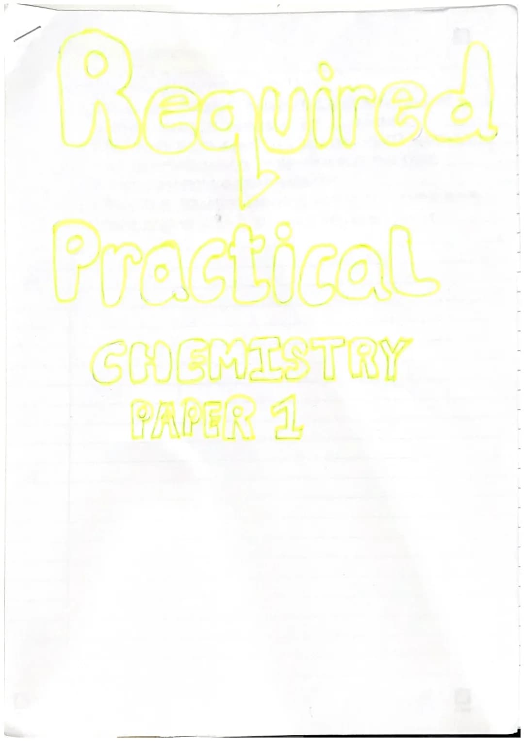 Required
Practical
CHEMISTRY
PAPER 1 Required practical
MAKING SOLUABLE SAITS:
-
-
-
measure Socm³ sulfuric acid into the
beaker using a mea