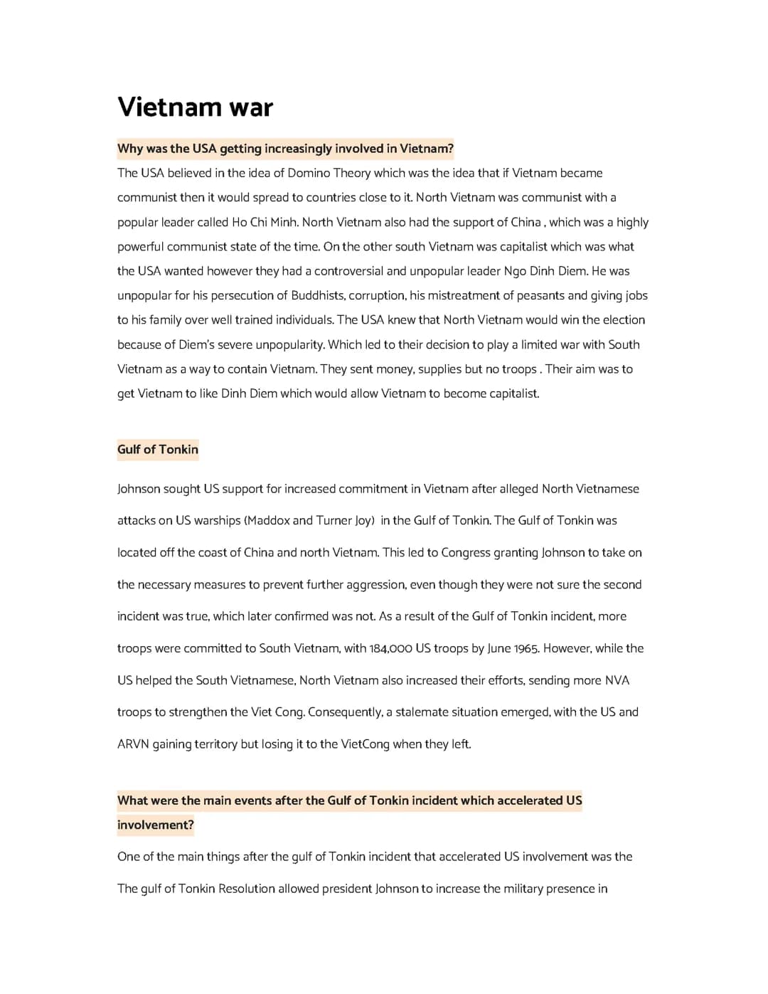 VIETNAM WAR EDEXCEL- revision resource covering curriculm