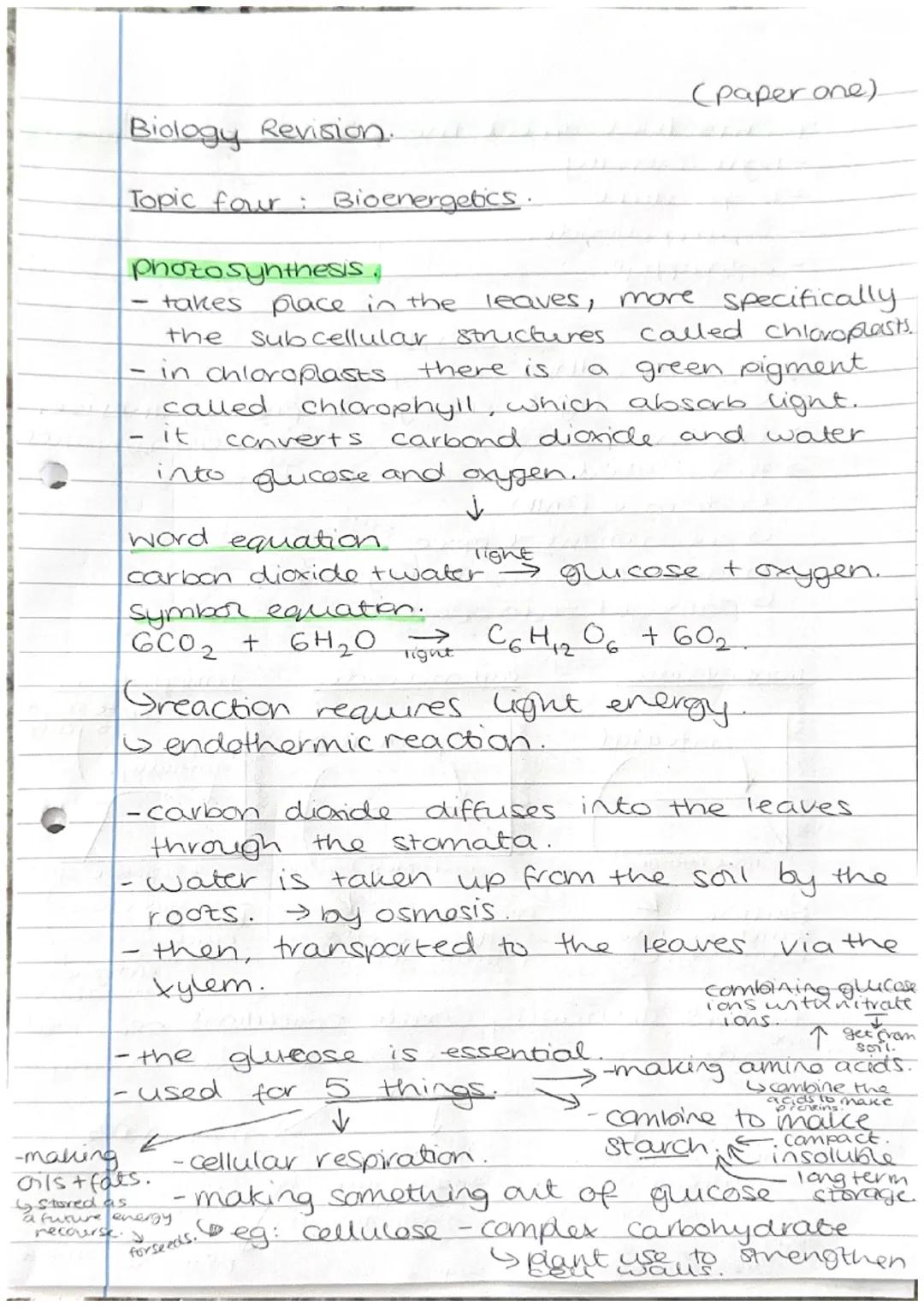 Biology Revision.

Topic four :
Bioenergetics.

(paper one)

phozosynthesis.

- takes place in the leaves, more specifically
the sub cellula