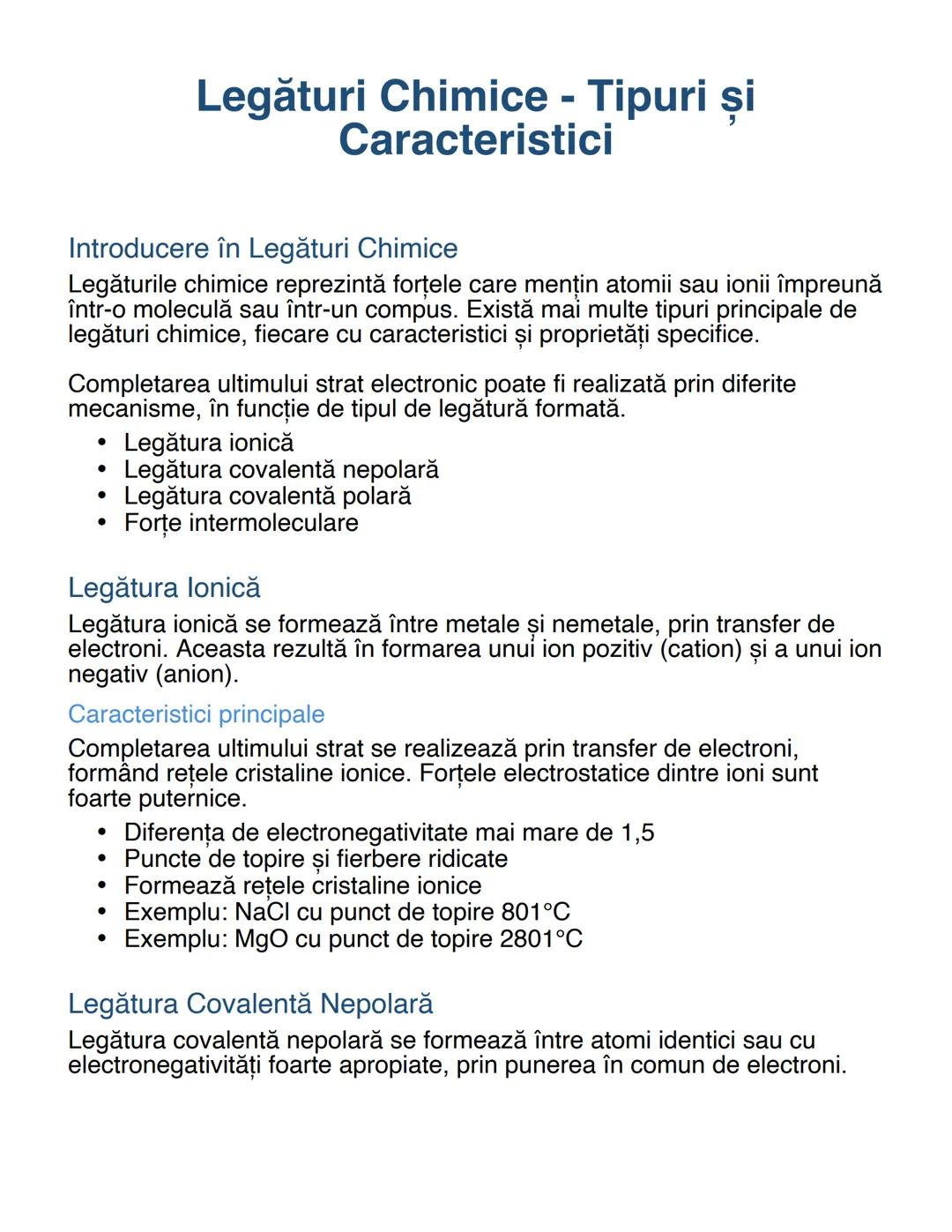 # Legături Chimice - Tipuri și
Caracteristici

Introducere în Legături Chimice

Legăturile chimice reprezintă forțele care mențin atomii sau