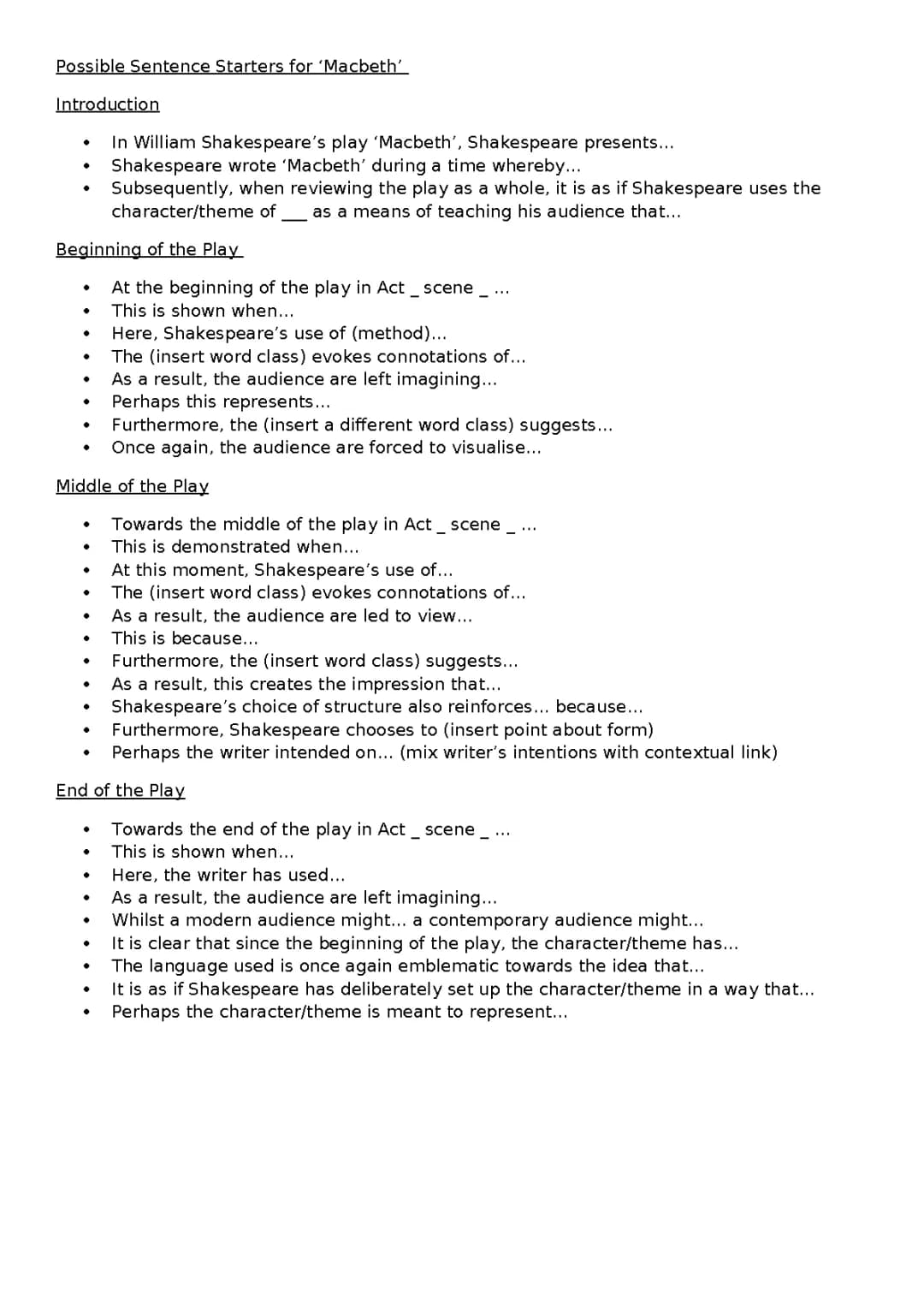GCSE English Literature - Macbeth Sentence Starters, Exam Questions & Model Answers