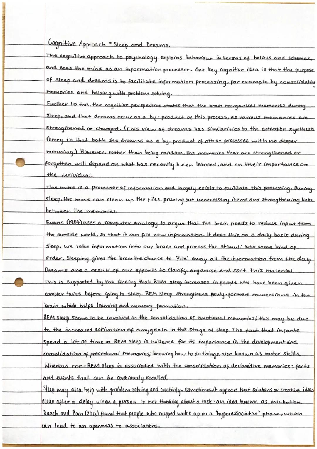 # Cognitive Approach Sleep and Dreams.

The cognitive approach to psychology explains behaviour in terens of beliefs and schemas.
and sees t