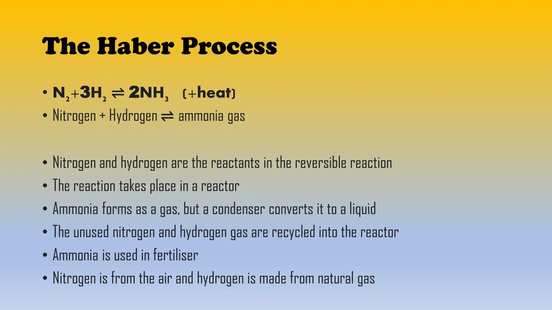 # The Haber Process

And NPK Fertiliser # The Haber Process

*   N2+3H, ≥ 2NH, (+heat)
*   Nitrogen + Hydrogen ammonia gas

*   Nitrogen and