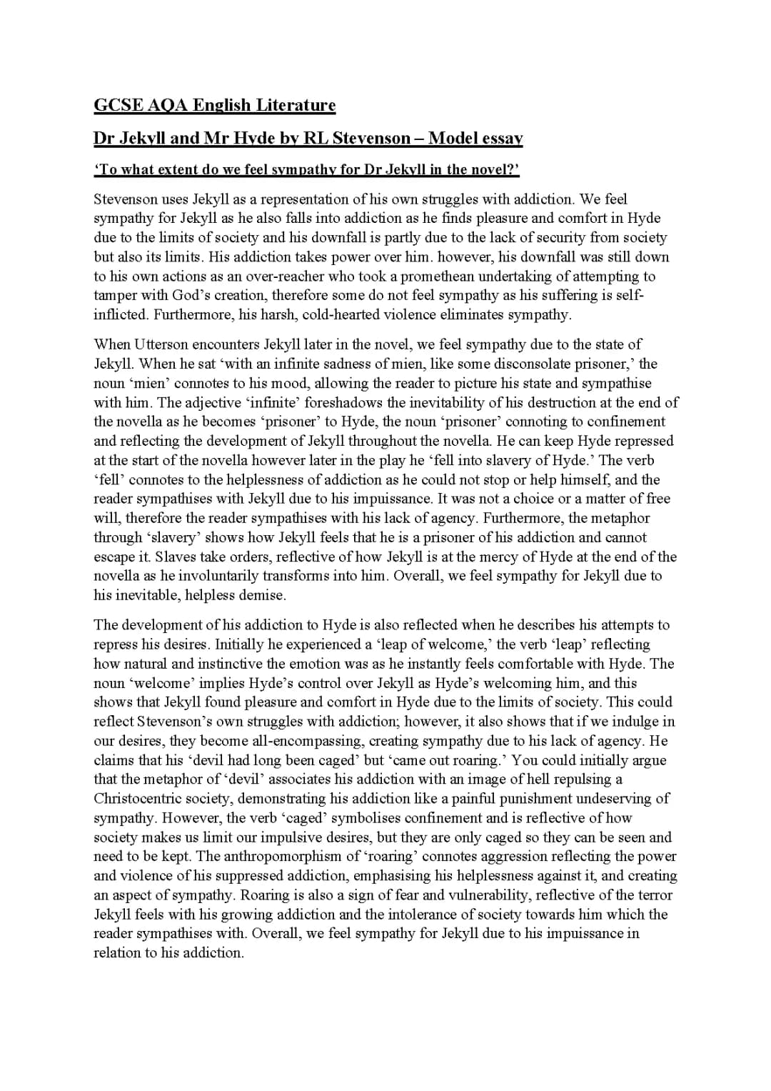 Jekyll and Hyde Grade 9 Essay: Sympathy for Jekyll and Addiction Quotes