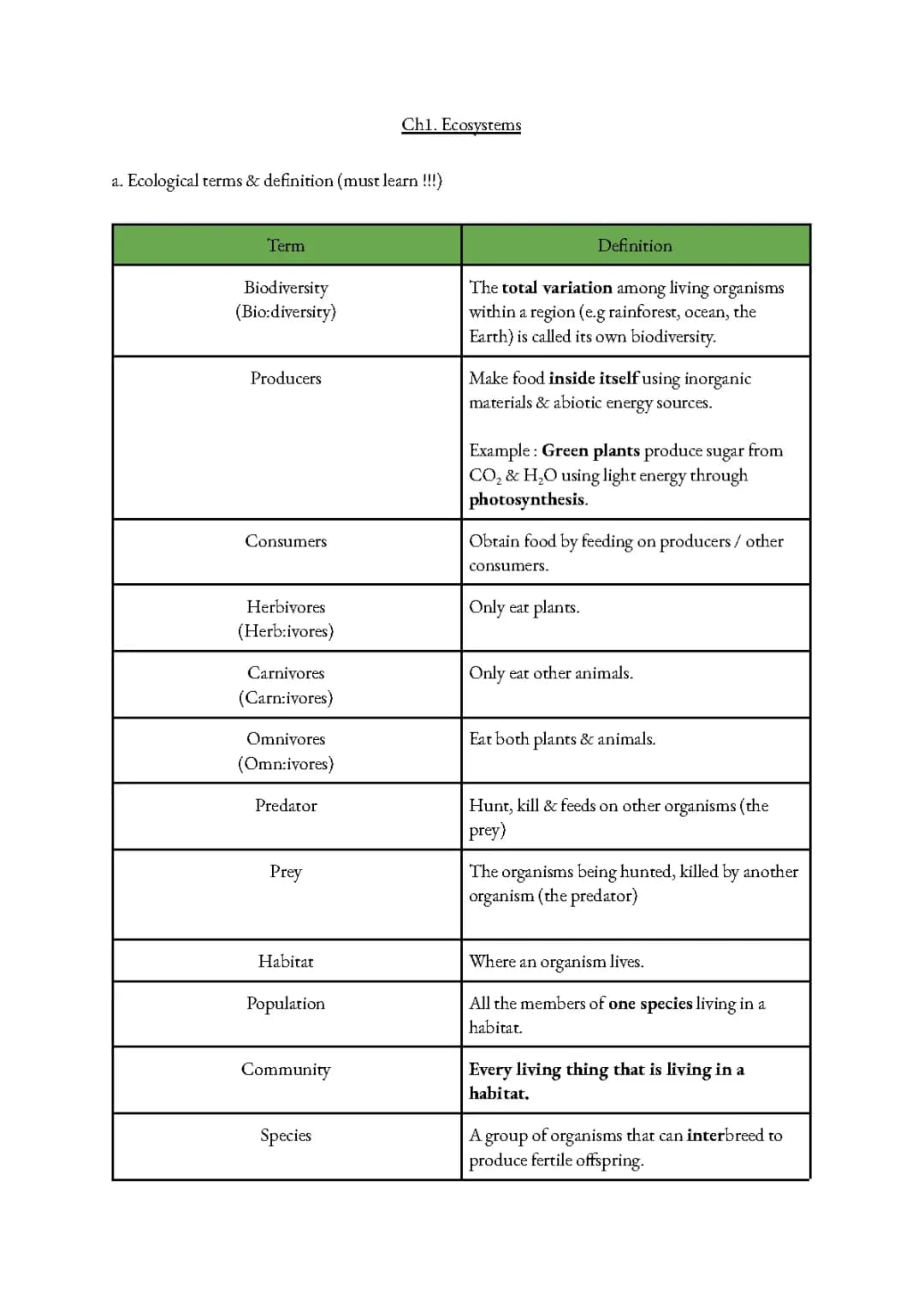 National 5 Biology: Ecosystems, Food Webs, Niches and Life on Earth Notes (PDF)