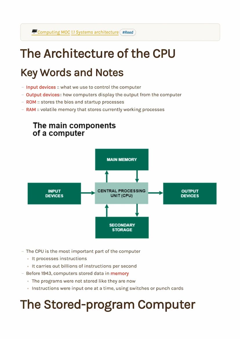 Computing Paper 1
Reuben Cowell Computing MOC 1.1 Systems architecture #Reed
The Architecture of the CPU
Key Words and Notes
Input devices :