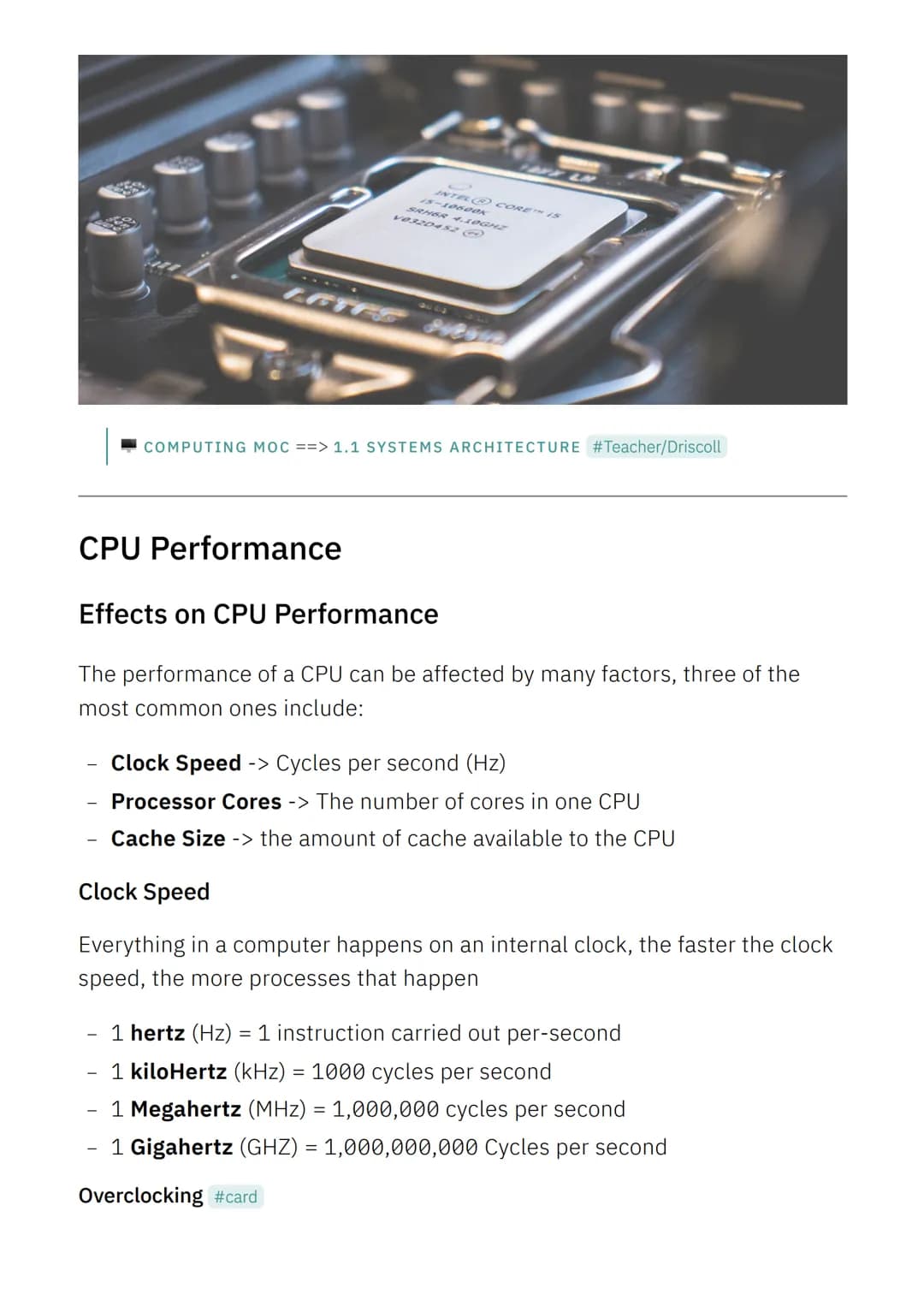 Computing Paper 1
Reuben Cowell Computing MOC 1.1 Systems architecture #Reed
The Architecture of the CPU
Key Words and Notes
Input devices :