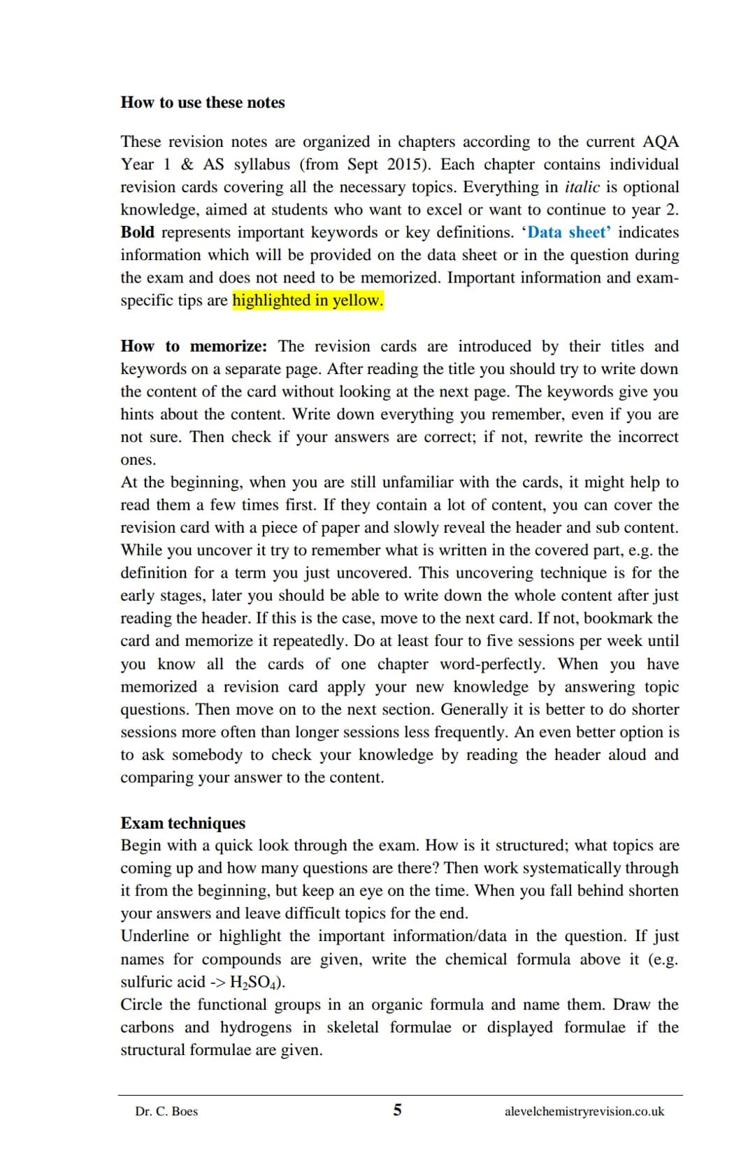 A-LEVEL CHEMISTRY
FLASH NOTES
AQA Year 1 and AS
Free Sample!
Dr C. Boes
Condensed Revision Notes (Flashcards) for a
Successful Exam Preparat