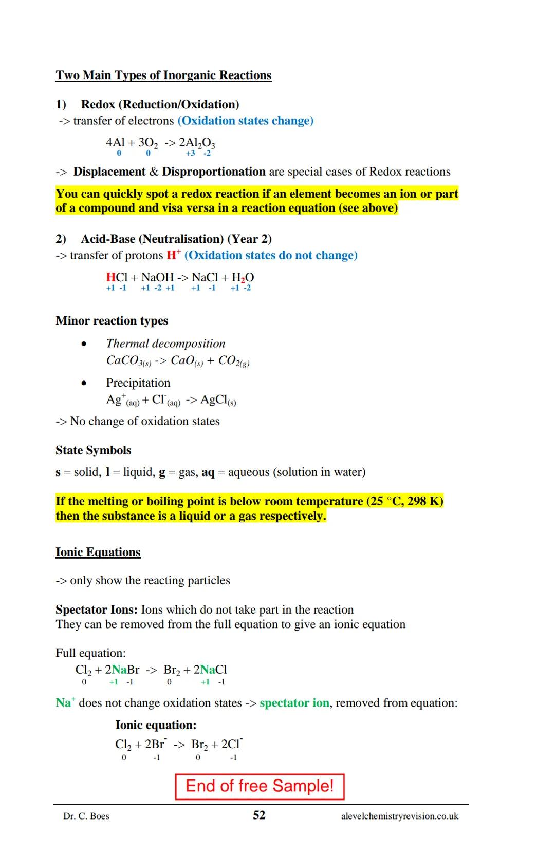 A-LEVEL CHEMISTRY
FLASH NOTES
AQA Year 1 and AS
Free Sample!
Dr C. Boes
Condensed Revision Notes (Flashcards) for a
Successful Exam Preparat