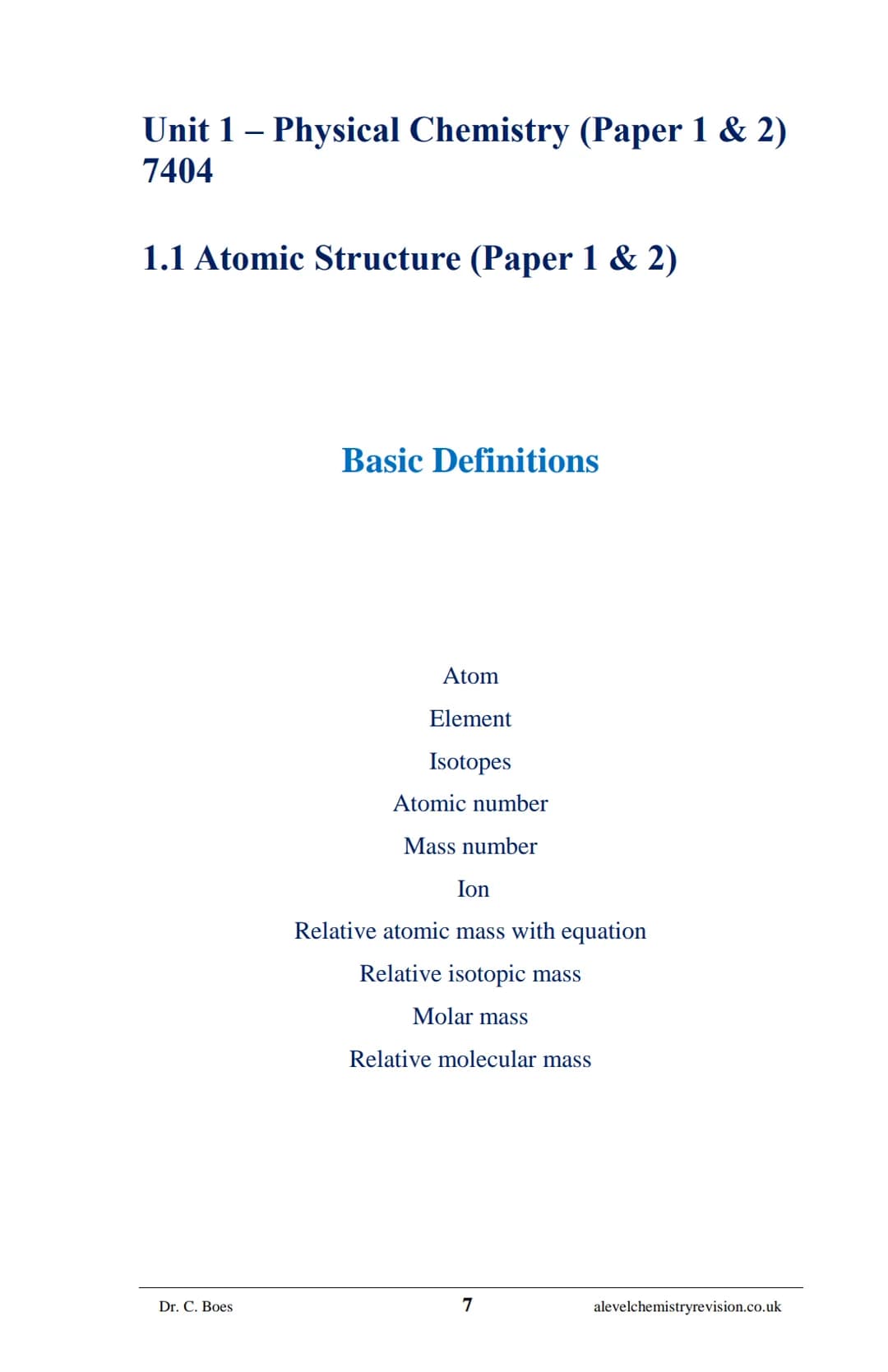 A-LEVEL CHEMISTRY
FLASH NOTES
AQA Year 1 and AS
Free Sample!
Dr C. Boes
Condensed Revision Notes (Flashcards) for a
Successful Exam Preparat