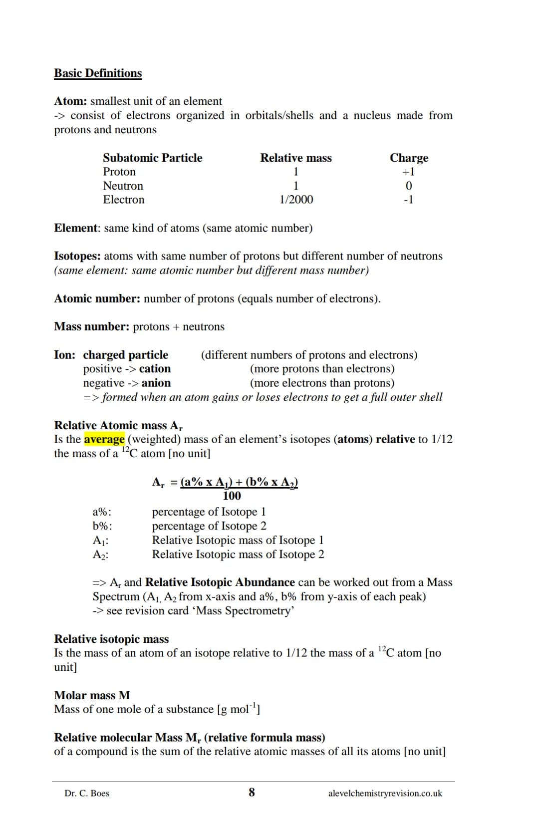 A-LEVEL CHEMISTRY
FLASH NOTES
AQA Year 1 and AS
Free Sample!
Dr C. Boes
Condensed Revision Notes (Flashcards) for a
Successful Exam Preparat