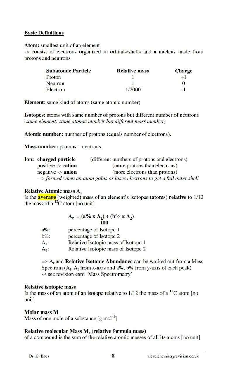A-LEVEL CHEMISTRY
FLASH NOTES
AQA Year 1 and AS
Free Sample!
Dr C. Boes
Condensed Revision Notes (Flashcards) for a
Successful Exam Preparat