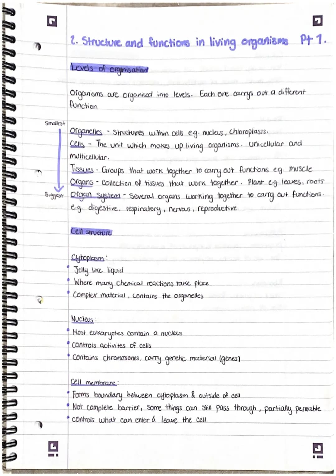 Smailest
7
2. Structure and functions in living organisms Pt 1.
Levels of organisation!
organisms are organised into levels. Each one carrys