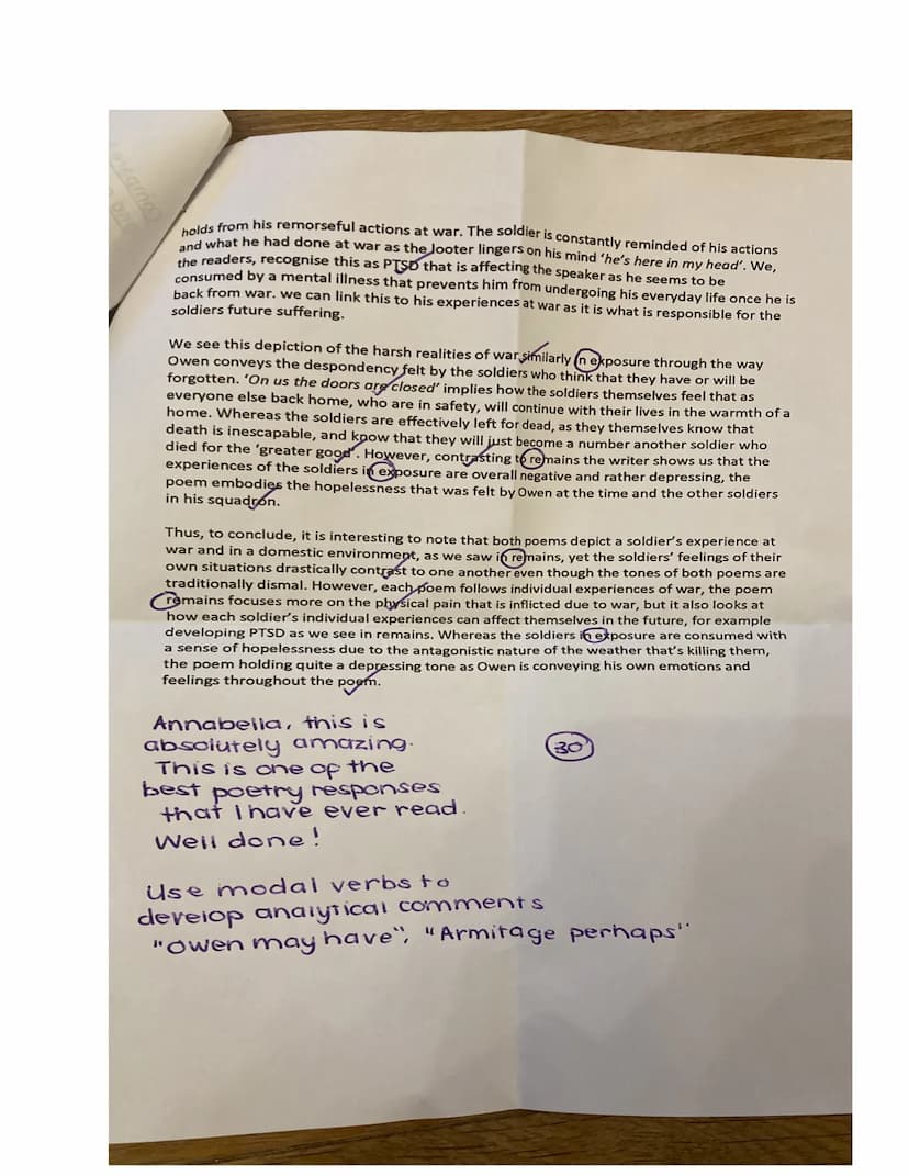 Amabella Abken.
Compare how poets present the experiences of soldiers in remains
and one other poem from the power and conflict cluster.
Bot