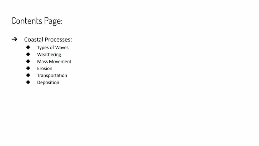 COASTAL PROCESSES
GCSE Geography AQA Contents Page:
Coastal Processes:
Types of Waves
Weathering
Mass Movement
Erosion
Transportation
Deposi