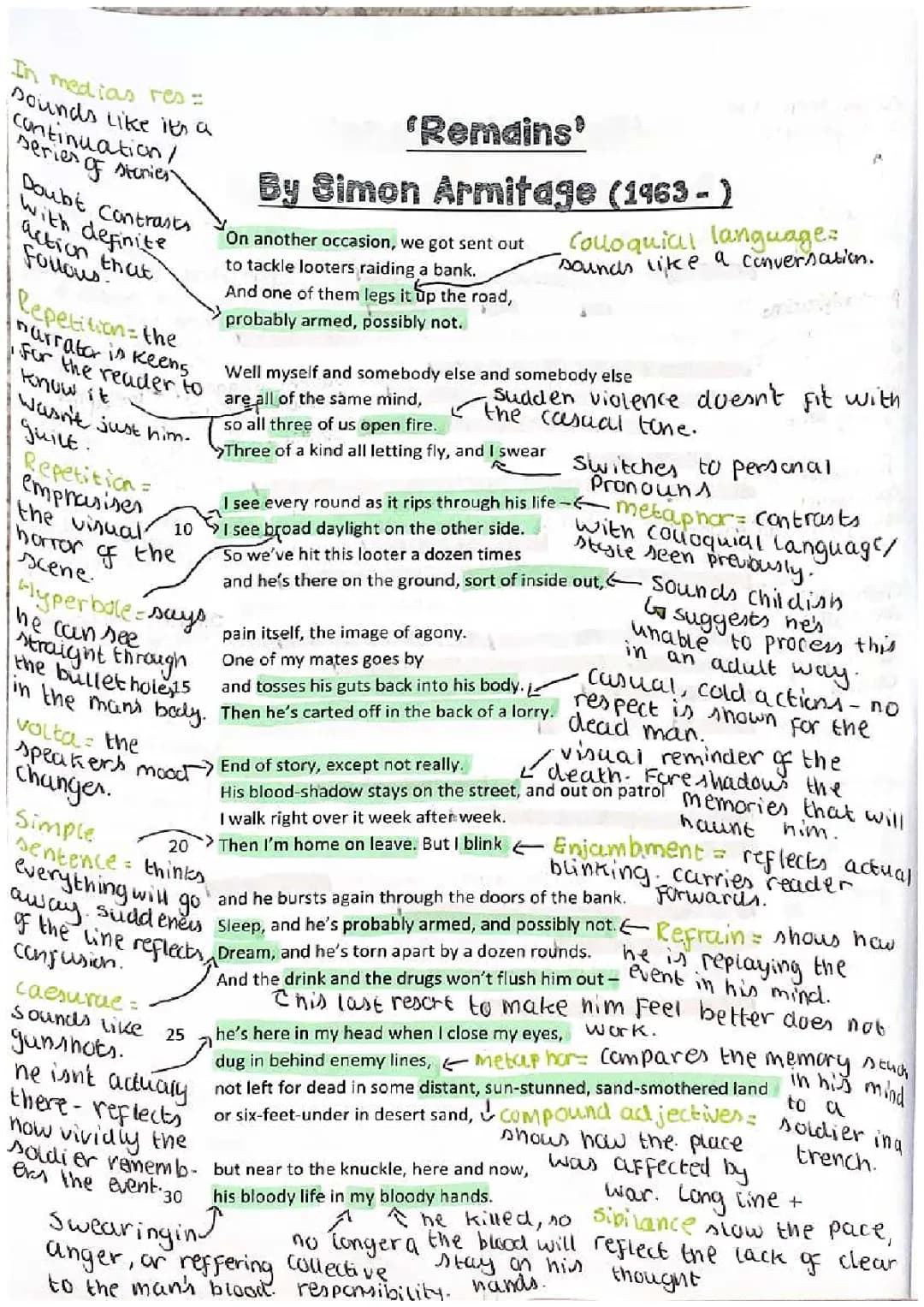 Remains Poem by Simon Armitage: Full Analysis PDF & Annotations for Kids