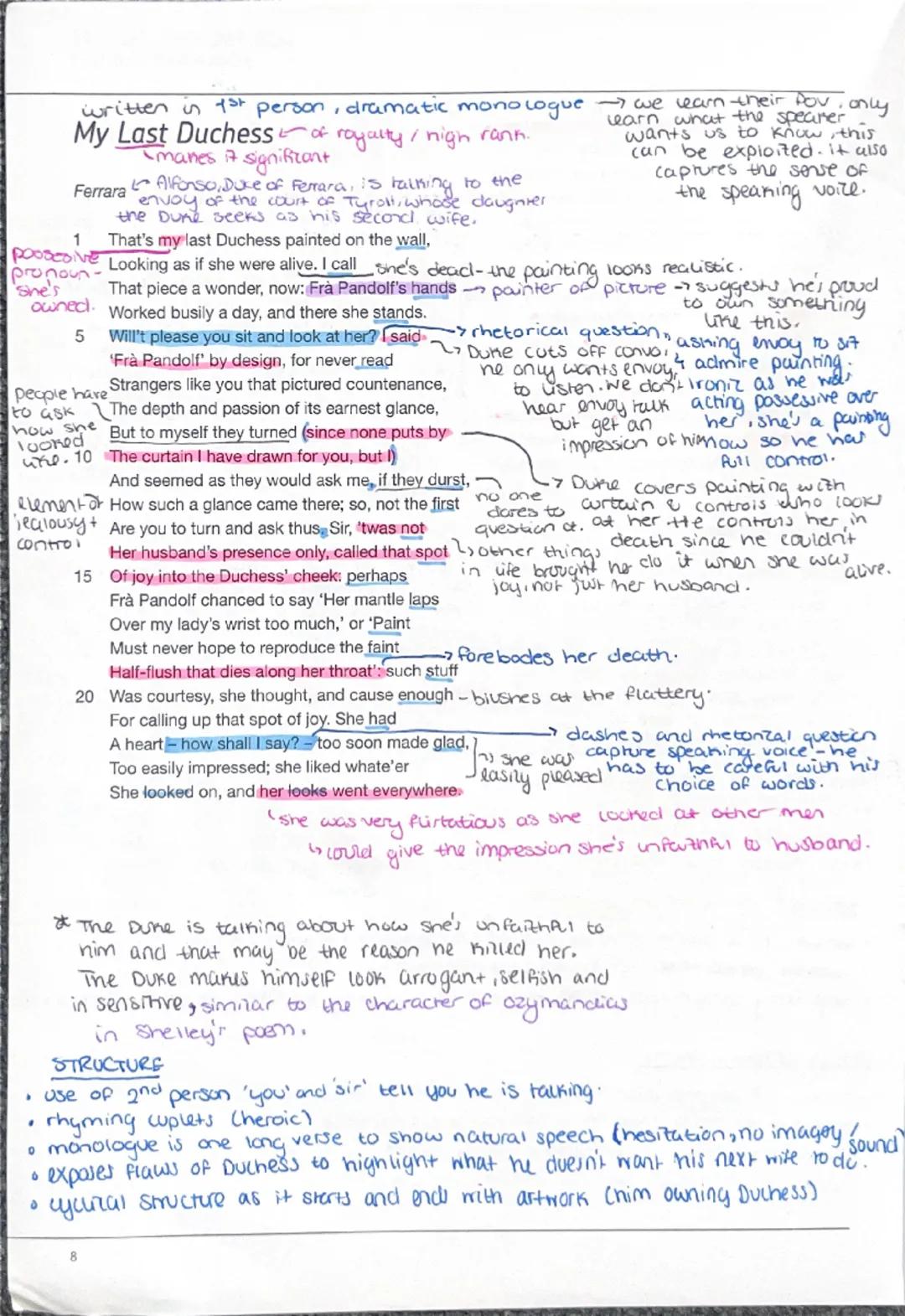 GCSE English Lit 'My Last Duchess' annotations