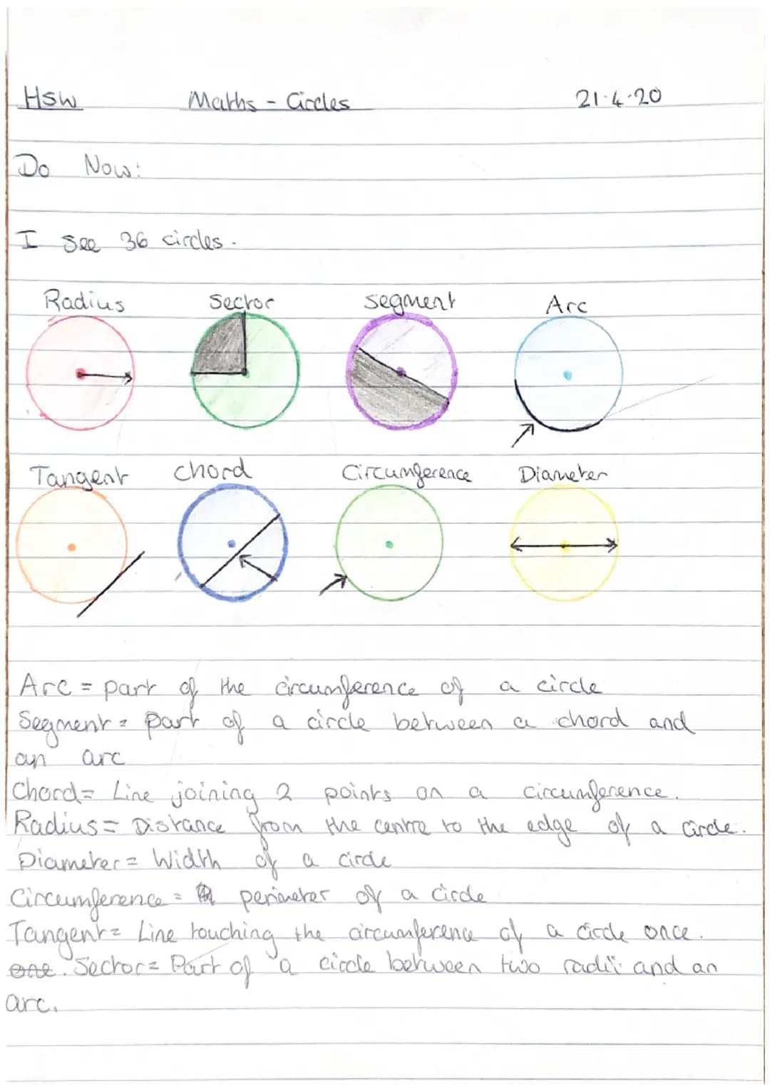 Hsw
Do Now!
Maths - Circles
I See 36 circles.
Radius
Sector
3
O
Tangent
chord
B
segment
Circumference
21-4-20
Arc
Diameter
a circle
Arc = pa