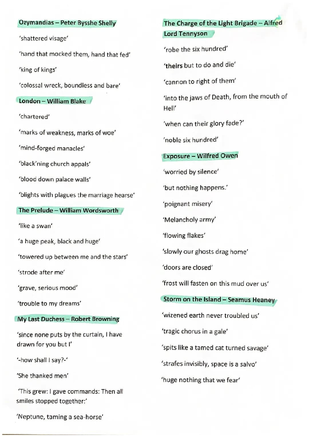 AQA poetry power and conflict -ALL QUOTES